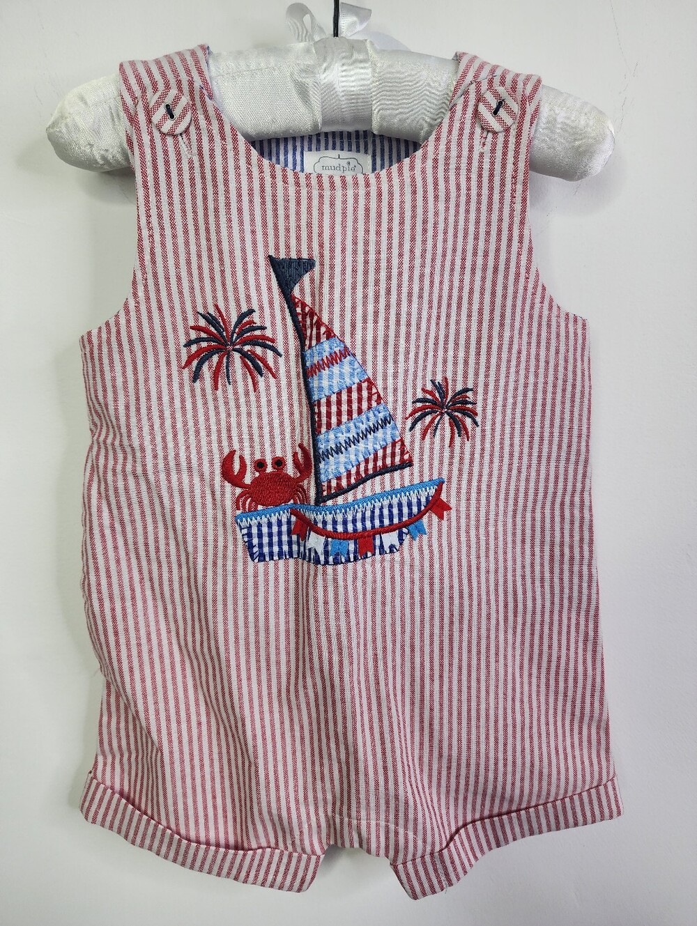 Sailboat Baby Jon Jon, Red & White Striped Nautical Romper w/ Embroidery, 9M
